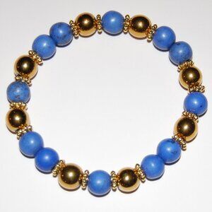 Blue and Gold Bracelet,Stone and Golden 8mm Beads,Handmade Bracelet